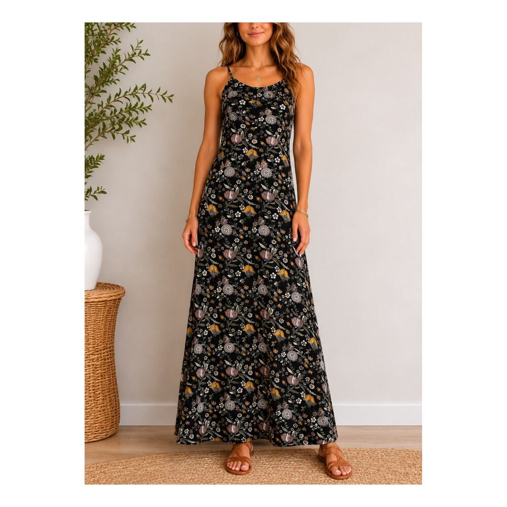 Natural Life Maxi Dress Womens Small Black Floral Boho Cottagecore Festival Tags